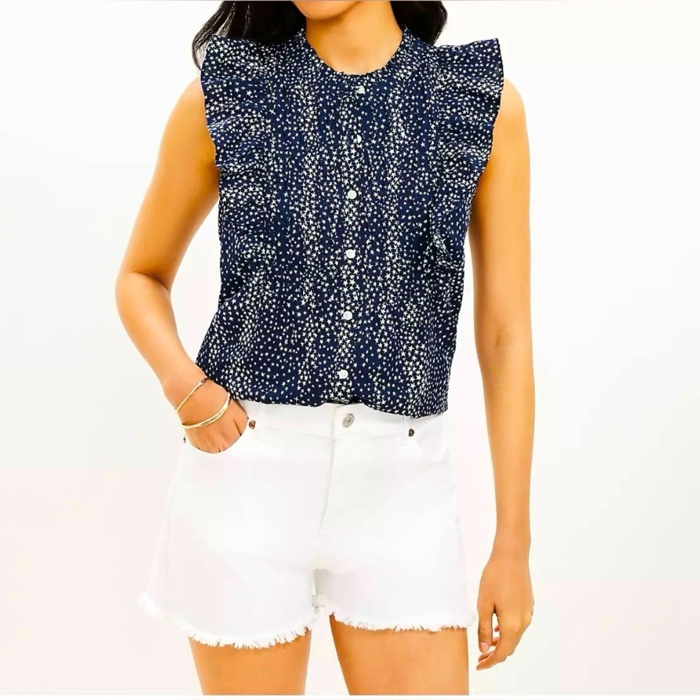 Loft Ruffle Bib Pin Tuck Button Top Ruffle Cap Sleeves Star Pattern Blue XL NWT